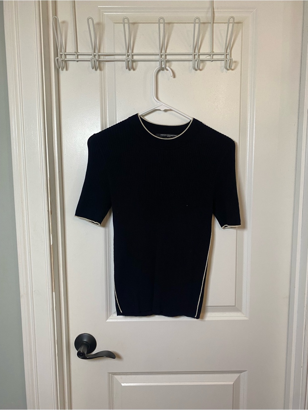 French Connection Black Short-Sleeve Ribbed Knit Sweater wish Contrast Trim